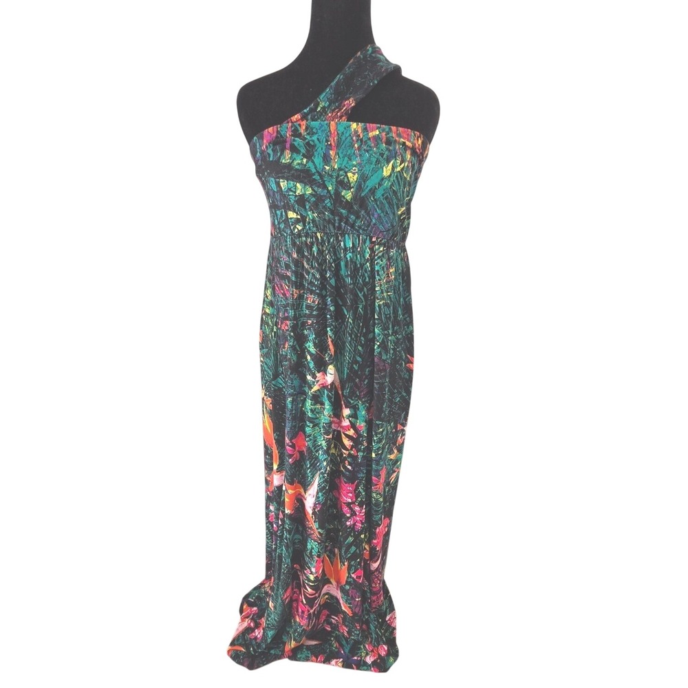 Soma Tropical One Shoulder Maxi Dress Green Multi Floral Jersey Pockets Medium